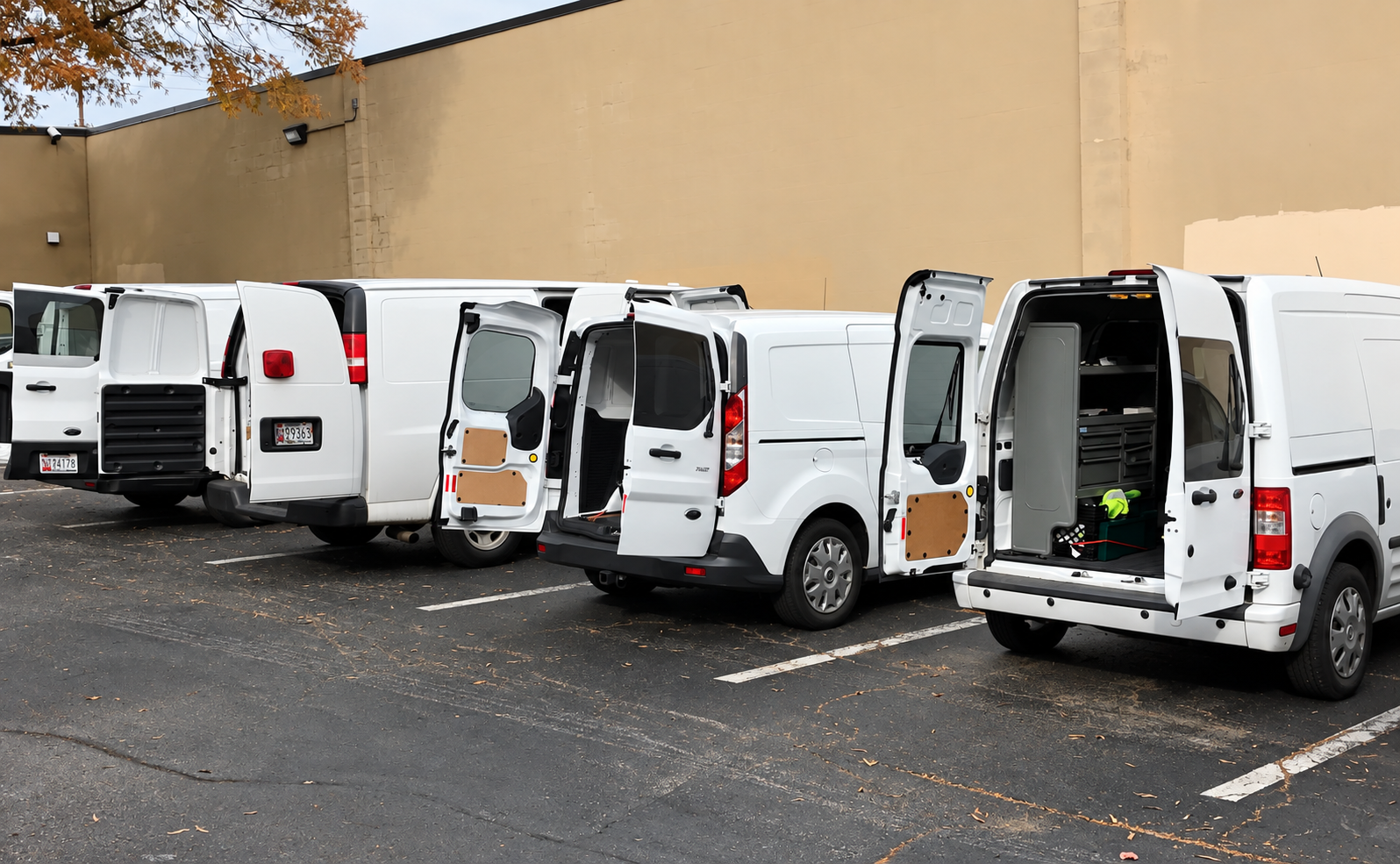 Row of white locksmith service vans with rear doors open