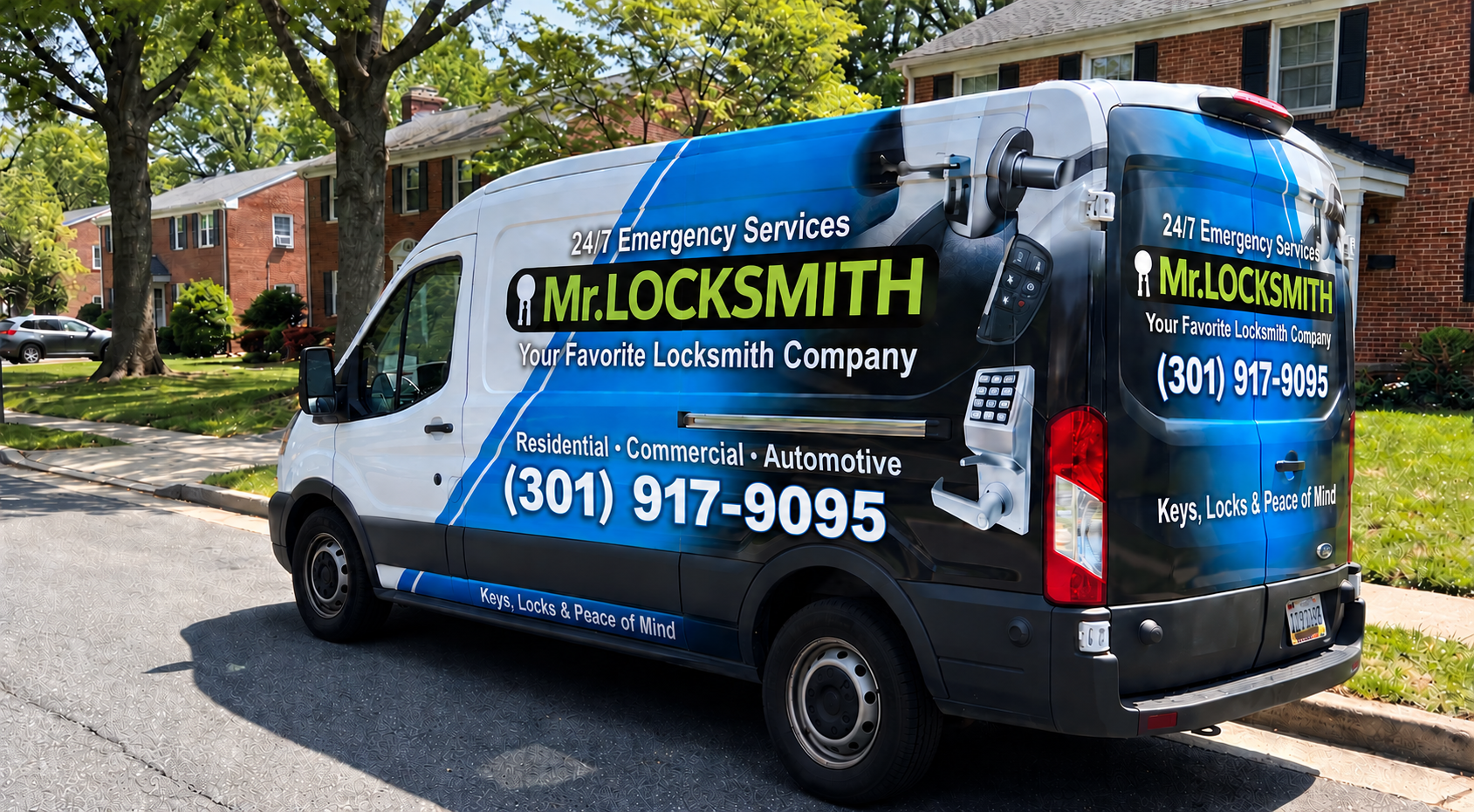 Mr. Locksmith service van showing the phone number (301) 917-9095