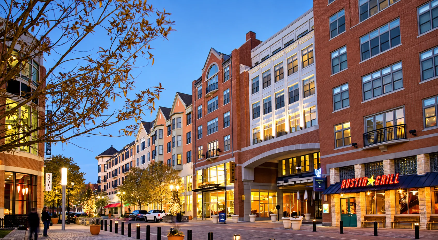 Rockville Town Center shops and apartments at dusk